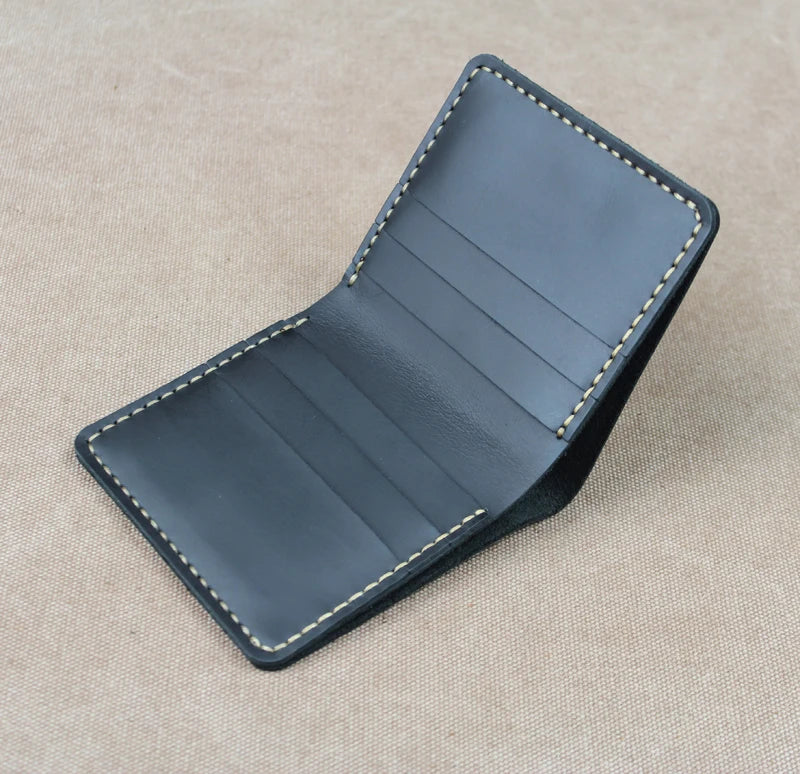 Cartera de lujo hecha a mano de cuero genuino Crazy Horse para hombre, cartera pequeña de cuero para hombre, monedero corto con clip para billetes, bolsa para dinero, café negro