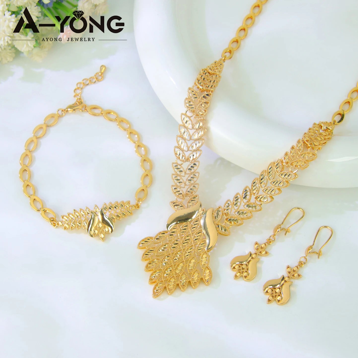 Juego de joyas de boda de lujo de Dubái, chapado en oro de 21k, collar, pulsera y pendientes de oro nupcial árabe, joyería vintage para mujer brasileña