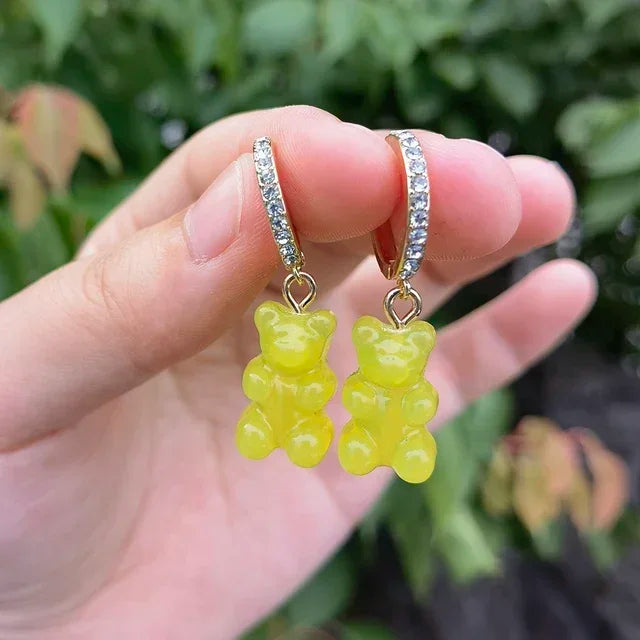 Pendientes colgantes de oso de gominola de acrílico bonitos para mujer, pendientes de aro de oso arcoíris CZ, joyería dulce de niña, moda coreana 2022