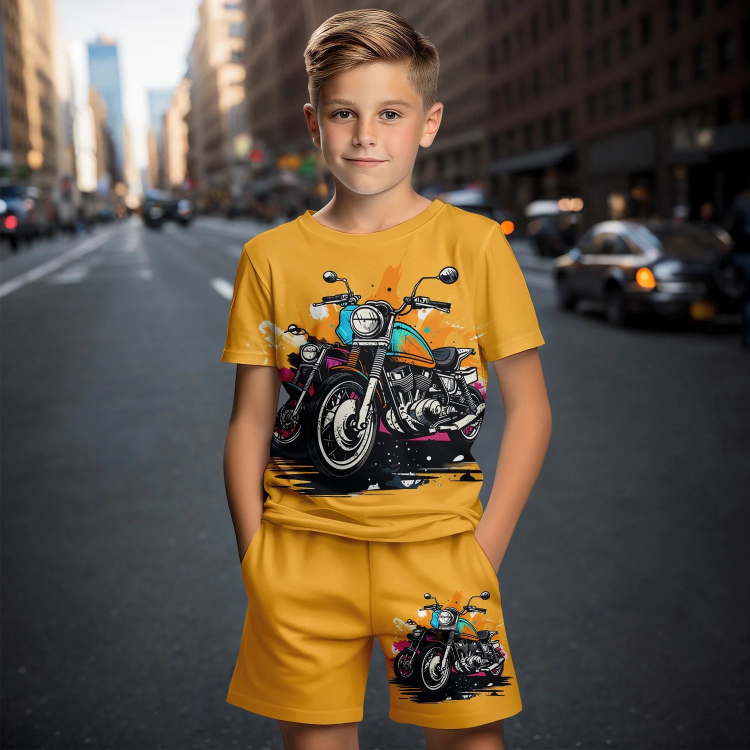 Traje de ropa para niños para niño, verano, manga corta, camiseta, pantalones cortos, dibujos animados, coche 3D, estampado, niña, a la moda, conjuntos para niños