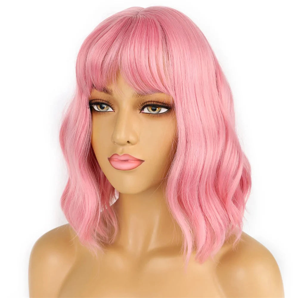 Short Wavy Bob Wig With Bangs, Shoulder Length Curly Wigs For Women, Synthetic Pink Wig For Daily Use, Cosplay Wig For Halloween