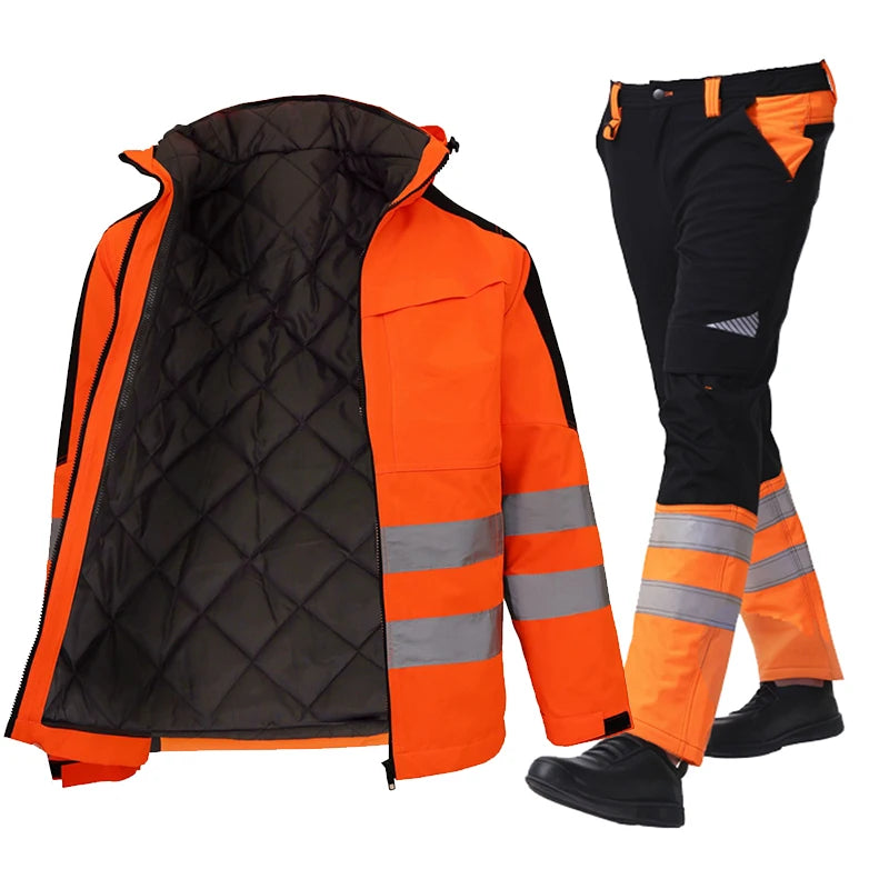 Trajes de trabajo de alta visibilidad amarillos para el invierno, conjunto de chaqueta impermeable de alta visibilidad 3 en 1 con forro y pantalones de trabajo para hombre