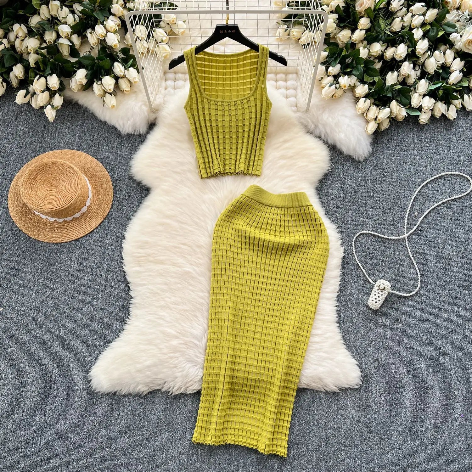 Skirt Set Women Dress Sets Two Piece Sets Vests Short Tops Sheath Knit Long Skirts High Waist Y2k Streetwear 2025 Party Beach