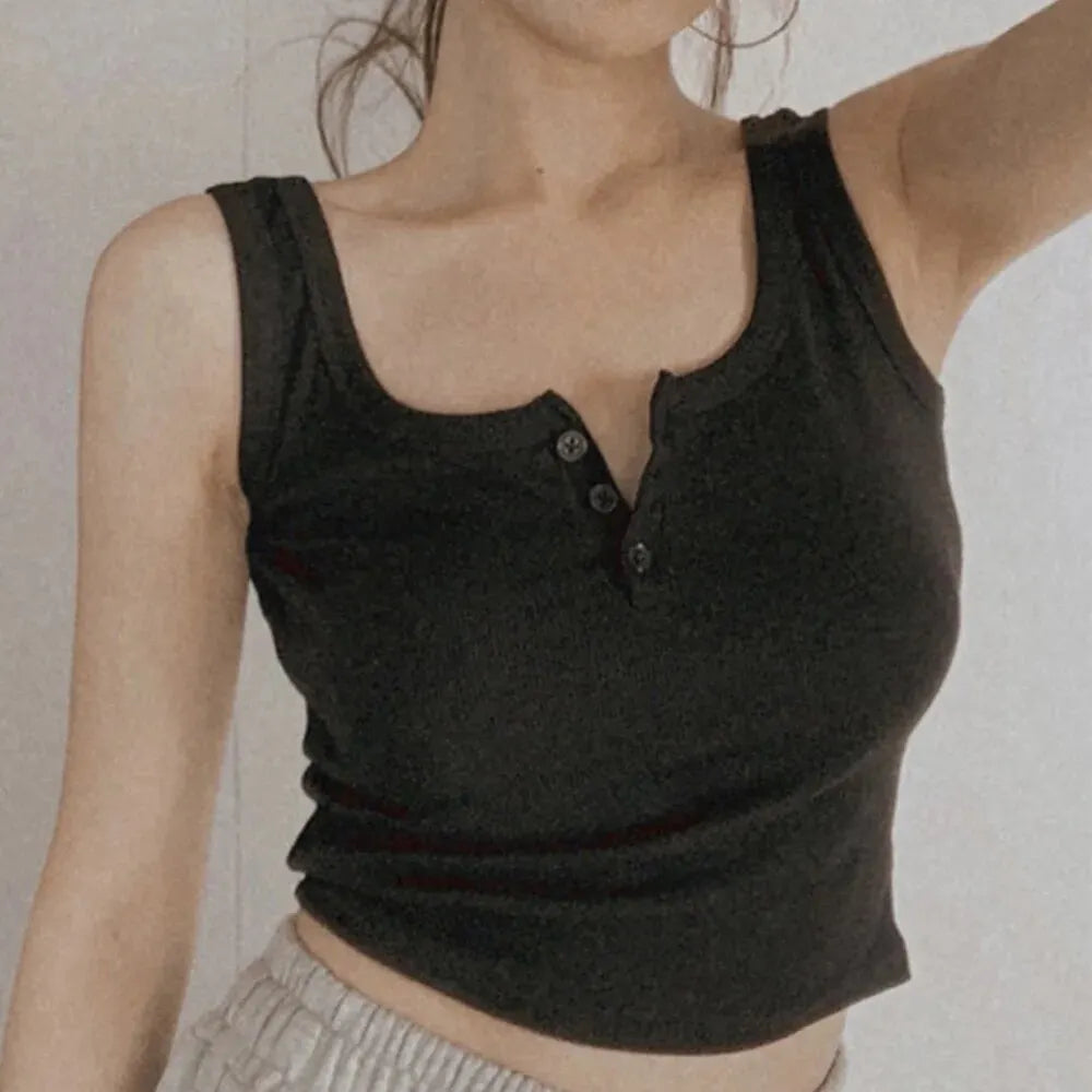 Camiseta sin mangas para mujer de canalé con botones, blusa sin mangas, color liso, informal, para mujer y adolescente, moderna, básica, vestidos de verano