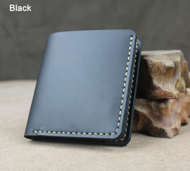 Cartera de lujo hecha a mano de cuero genuino Crazy Horse para hombre, cartera pequeña de cuero para hombre, monedero corto con clip para billetes, bolsa para dinero, café negro