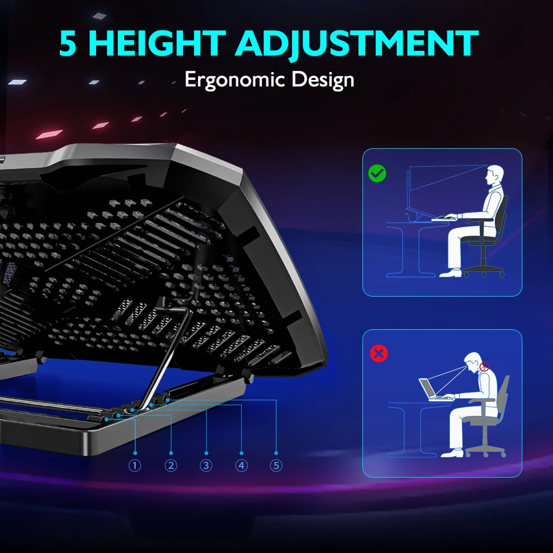 Soporte de refrigeración para portátil COOLCOOLD para portátiles de 12 a 17 pulgadas, 5 ventiladores silenciosos, ángulo ajustable en 5 posiciones con soporte para teléfono
