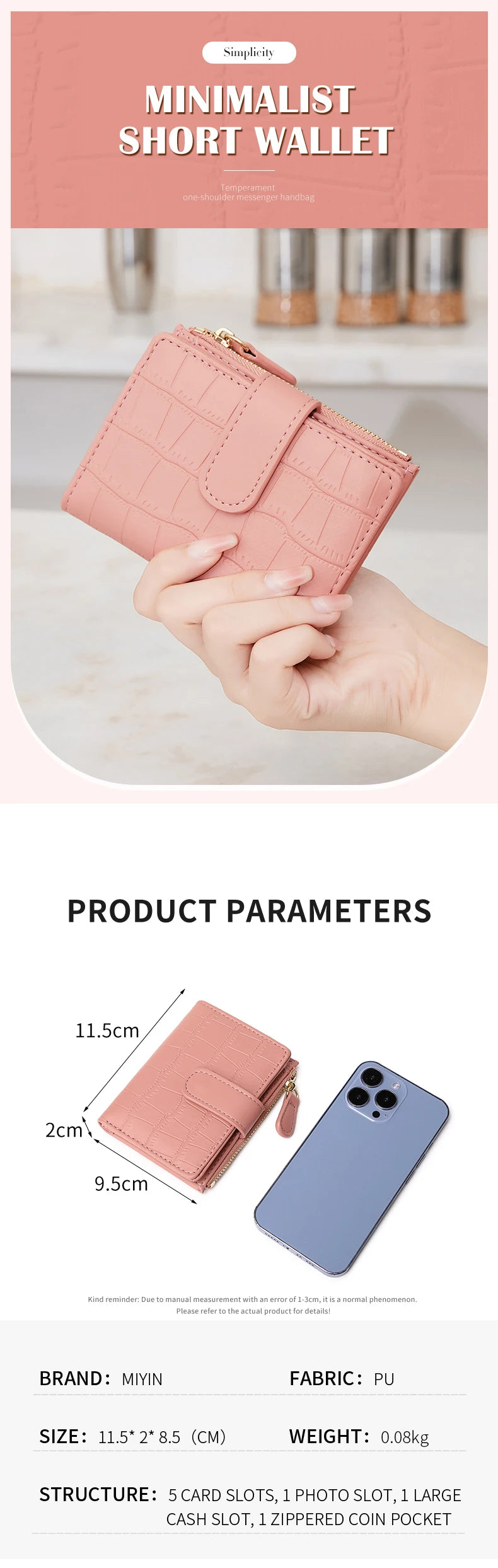 Klassisk luksuslommebok med kortklips, liten, multifunksjonell, PU-håndveske i skinn, ensfarget, dobbel fold, dame, ZeroWallet