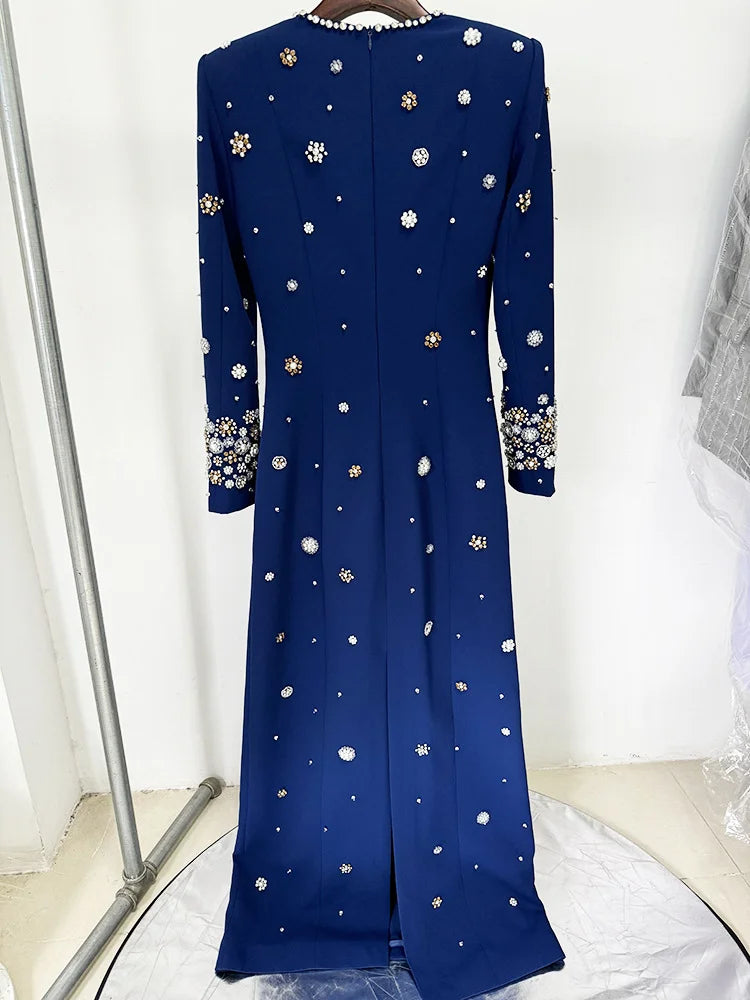 HIGH STREET Última Moda Diseñador Fiesta Vestido Formal Mujer Manga Larga Lujoso con Cuentas Vestido Largo Maxi