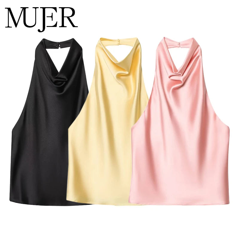 MUJER Halter Tops for Women Black Satin Backless Top Female Pink Summer Beach Top Woman off Shoulder Camisole Top Women