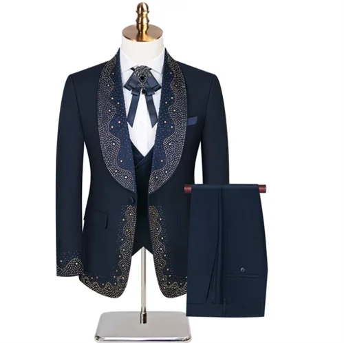 Traje de boda de lujo para hombres a la moda, esmoquin ajustado con cuentas para el novio, traje de fiesta para caballero, 3 piezas (chaqueta + pantalón + chaleco)