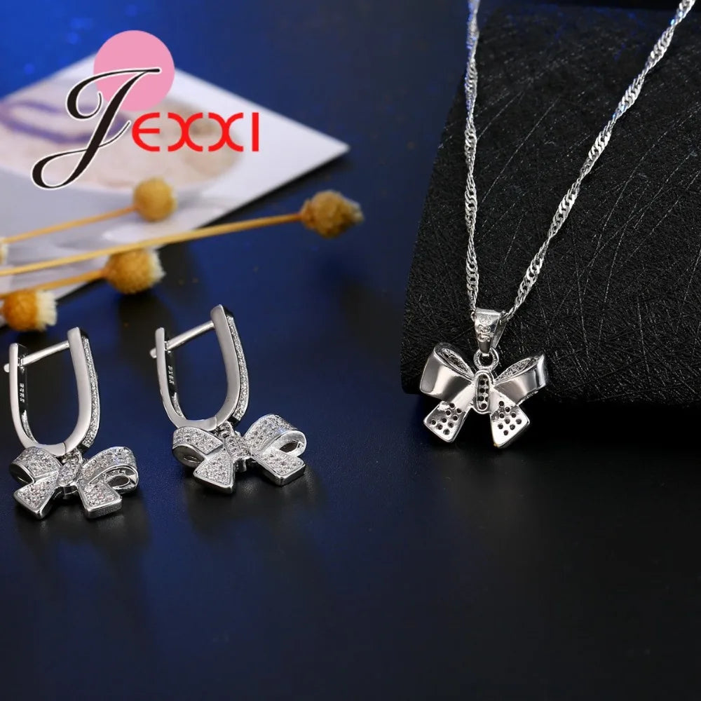 Conjuntos de joyas clásicos para mujer con lazo, circonitas y diamantes de imitación, pendientes de collar llamativo de plata de ley 925