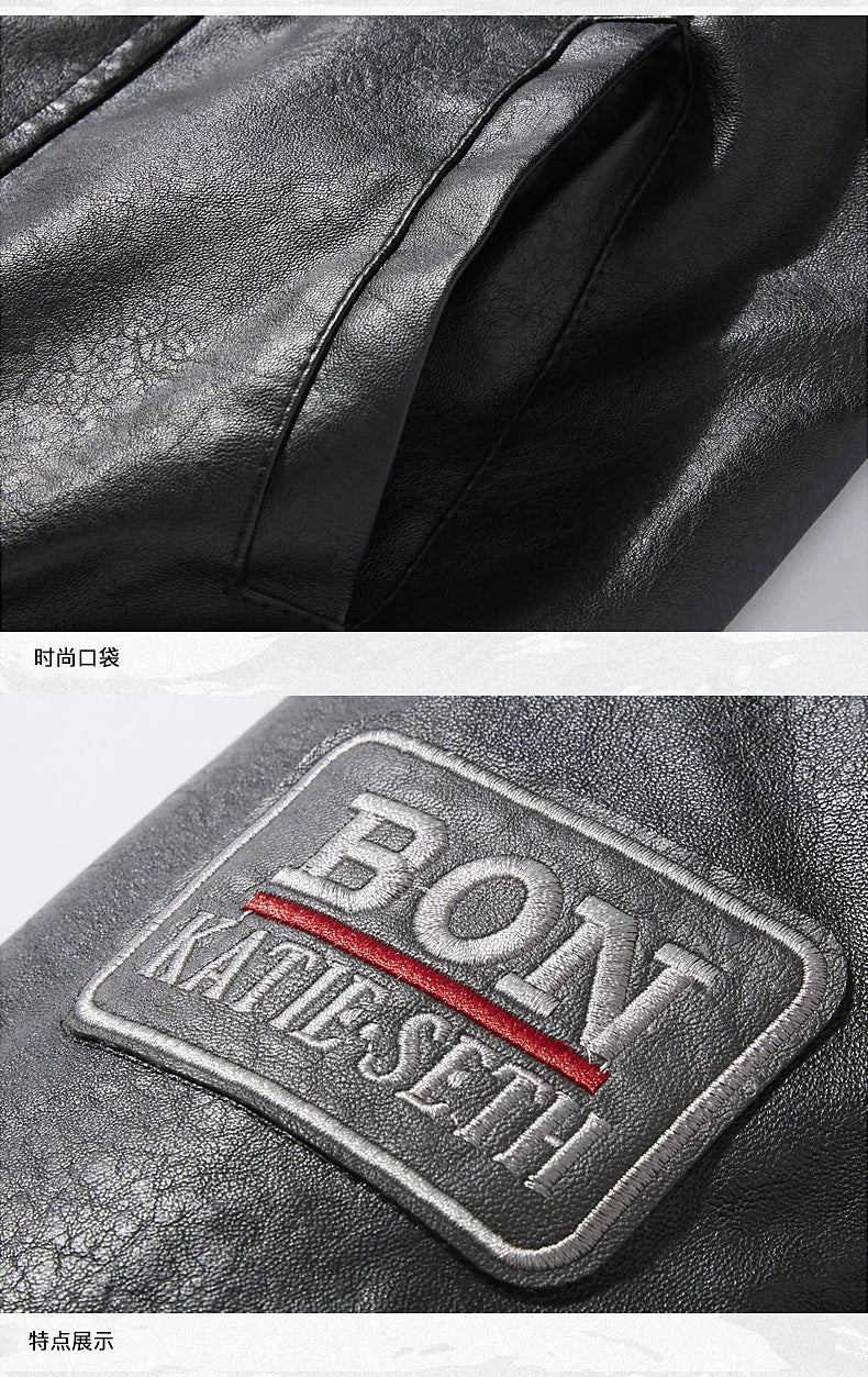 Chaquetas de moto para hombre de moda otoño/invierno casual de cuero bordadas estilo aviador en invierno terciopelo PU Jacke