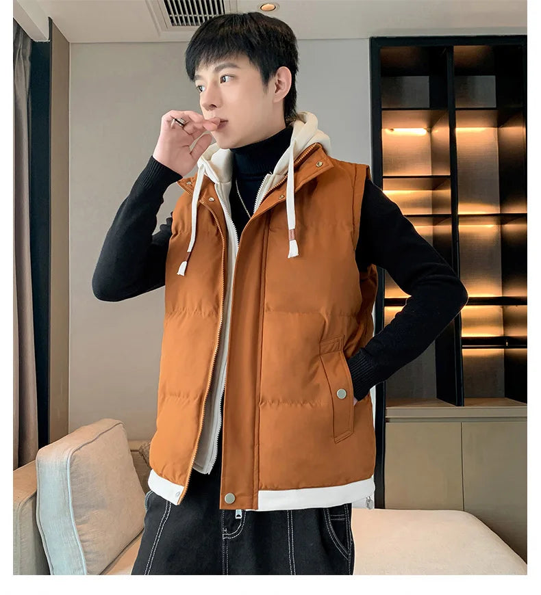 Chaleco cortavientos con capucha para hombre, chaqueta sin mangas, chaqueta de invierno, abrigo informal, chaleco grueso de algodón y plumón para hombre, abrigo grueso