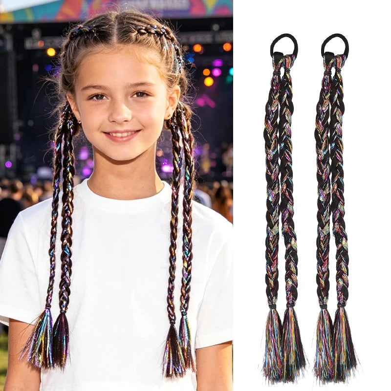 Trenza Postiza de Fibra Sintética con Mechas Láser de Moda para Niñas, Estilo Urbano, Uso Diario, Fiesta