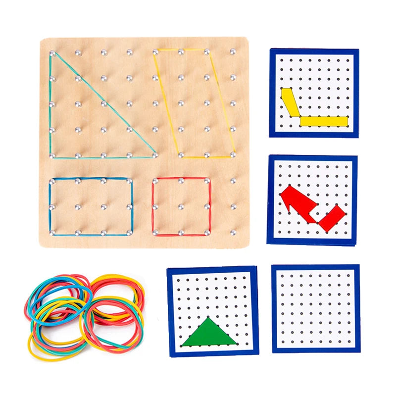 Juego de juguetes de madera Montessori de matemáticas para niños, figuras geométricas, banda elástica, tabla de clavos, juguete educativo creativo, regalo de Navidad ideal