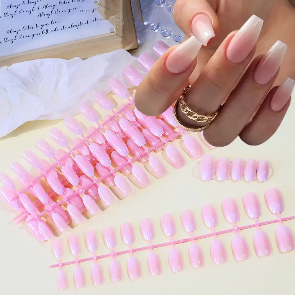 120 Uñas postizas acrílicas hechas a mano con diseño de ataúd de color rosa ombré, brillo, diseño degradado, artificiales
