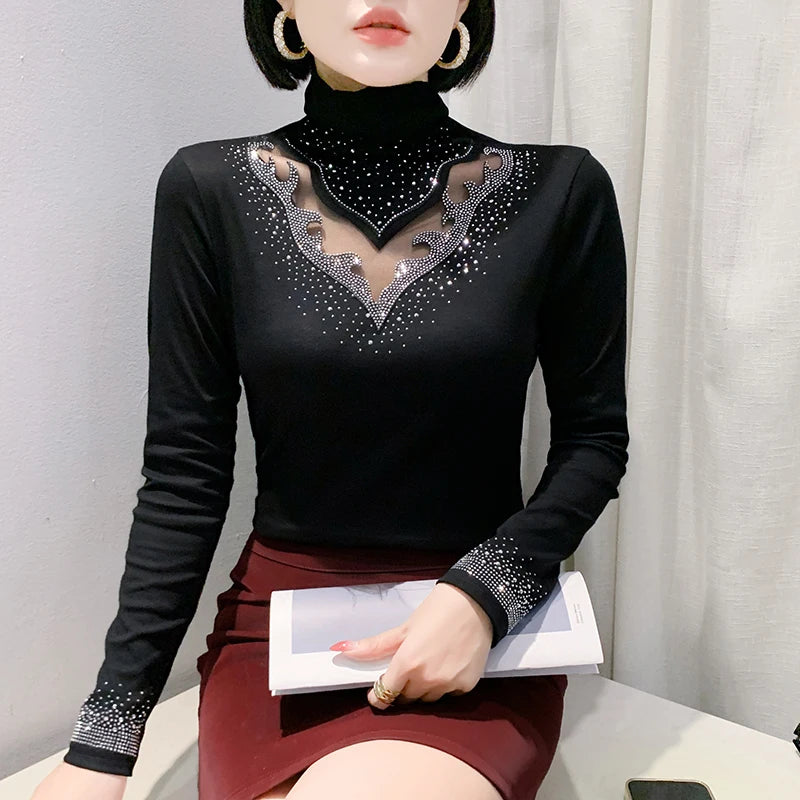 Jersey de cuello alto de malla Otoño Invierno – Elegante y elástico