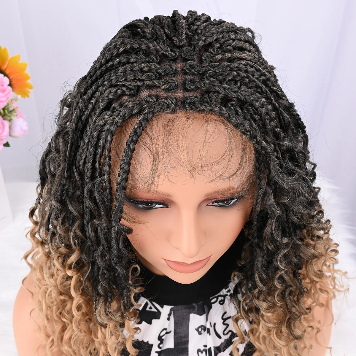 Peluca trenzada corta bohemia boho con trenzas de caja, pelucas trenzadas boho de encaje completo, cabello sintético rizado con pelo de bebé para mujeres negras