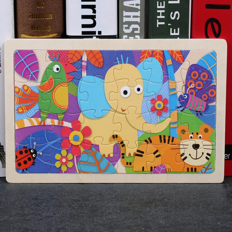 Rompecabezas de madera de 24 piezas para niños, diseño de animales de dibujos animados, juguete educativo temprano de madera para niños, regalo
