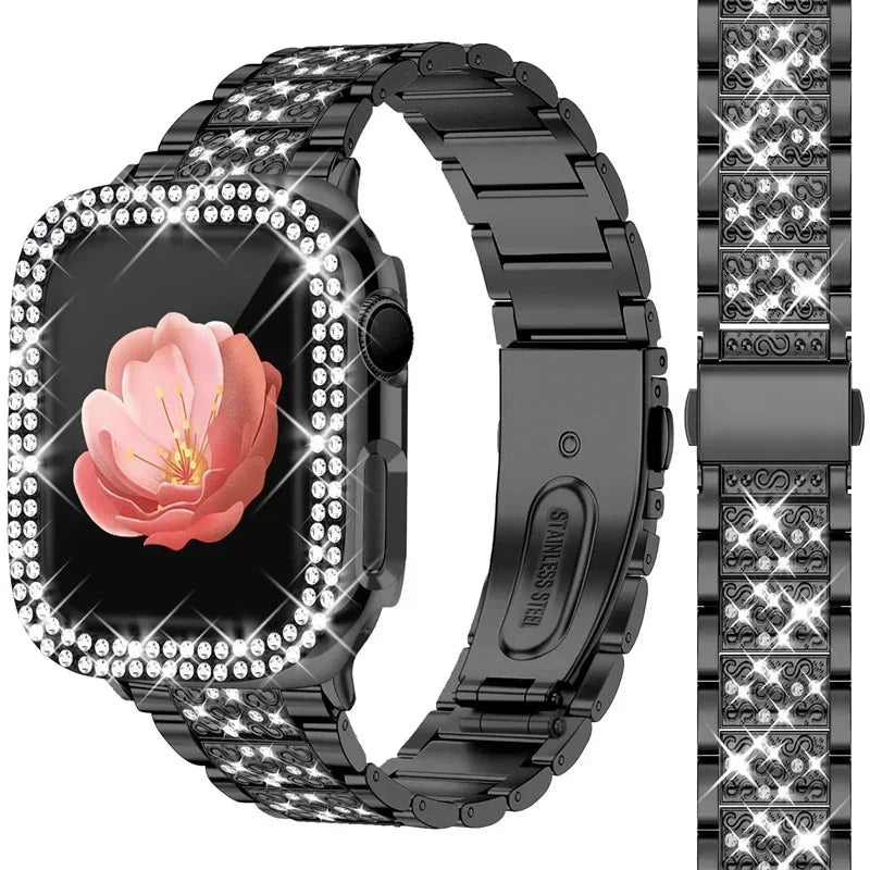 Diamanturkasse + metallrem til Apple Watch – elegant, glitrende og designet for kvinner