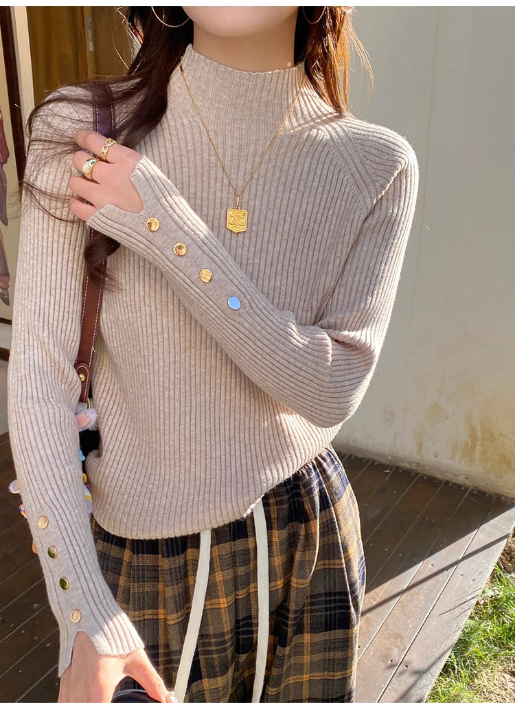 Suéter de otoño invierno para mujer, jerséis, tops de manga larga, ropa, suéter suave de punto delgado, ropa de calle, suéter de cuello alto con botones