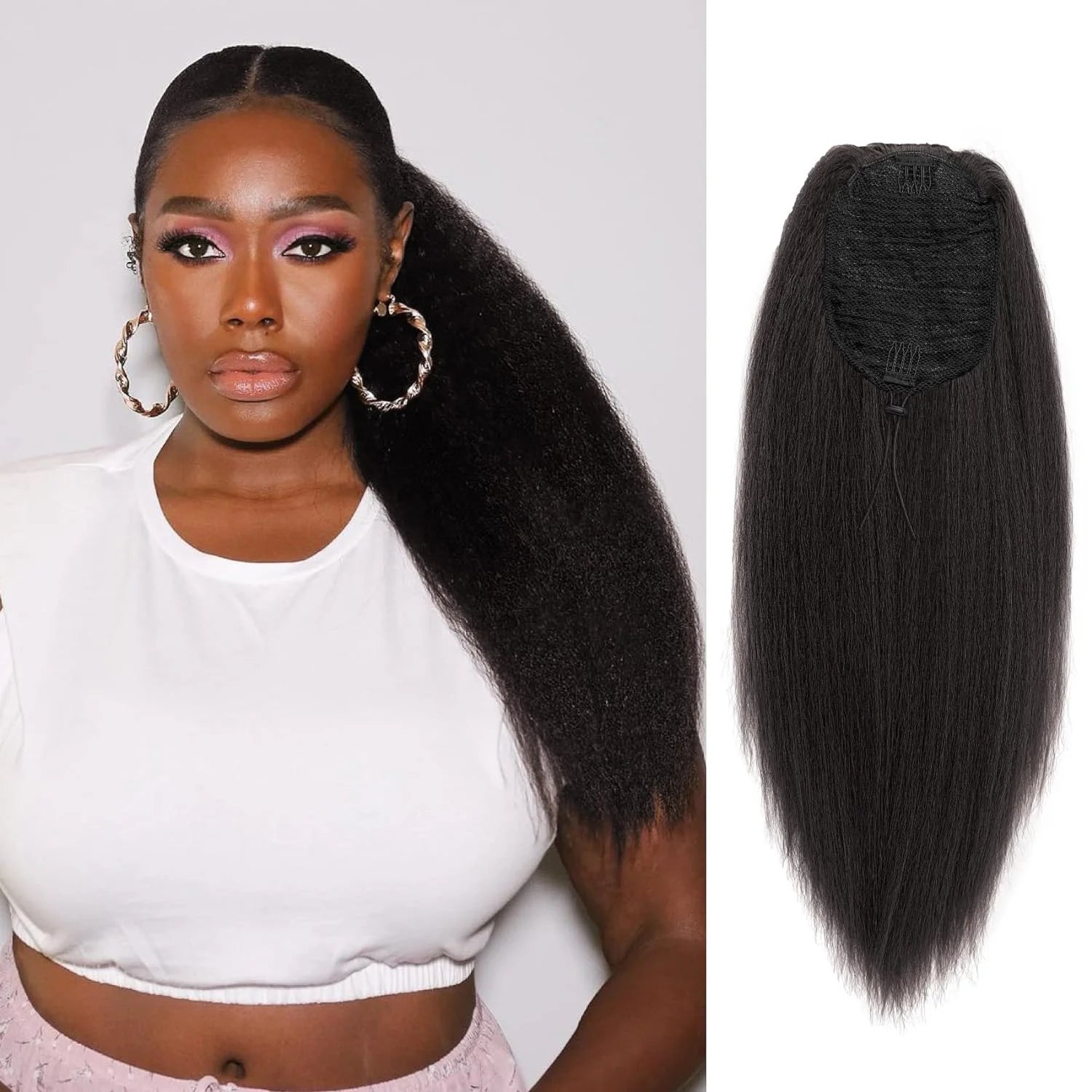 Extension de cheveux synthétique en queue de cheval à cordon, texture bouclée africaine yaky, 22 pouces