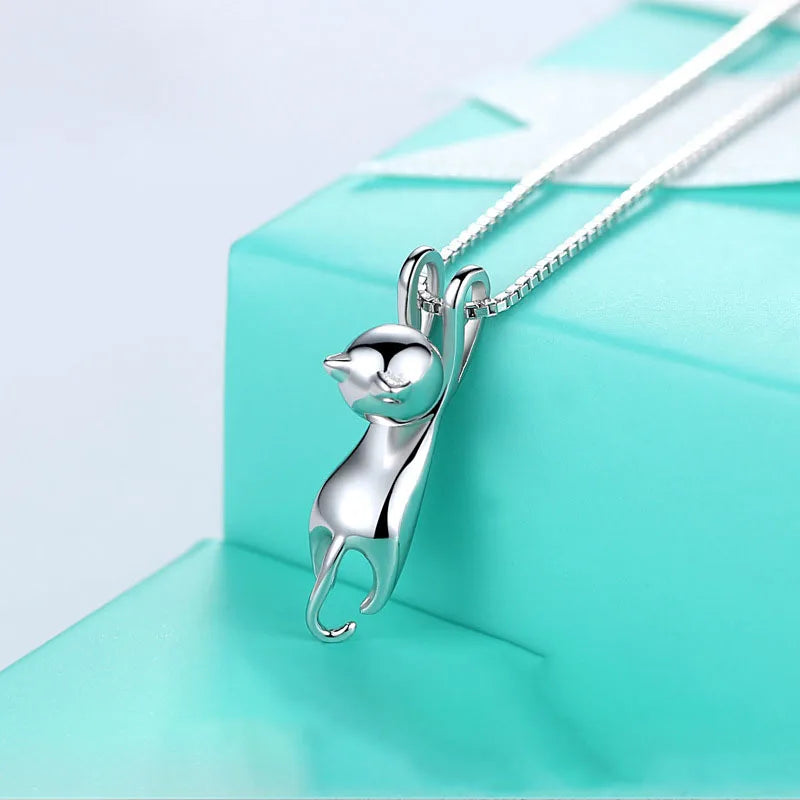 Juegos de joyas de novia para mujer, de plata de ley 925, lindos aretes de gato, collares de cadena larga, colgantes, regalos para fiestas