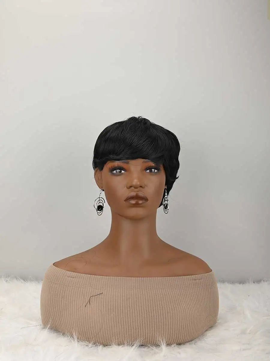 Short Bob Wig For Women Pixie Cut Wigs Glueless Wig None Lace Front Wig With Bangs Natural Black Straight Full Machine Made Short Layered For Daily Use