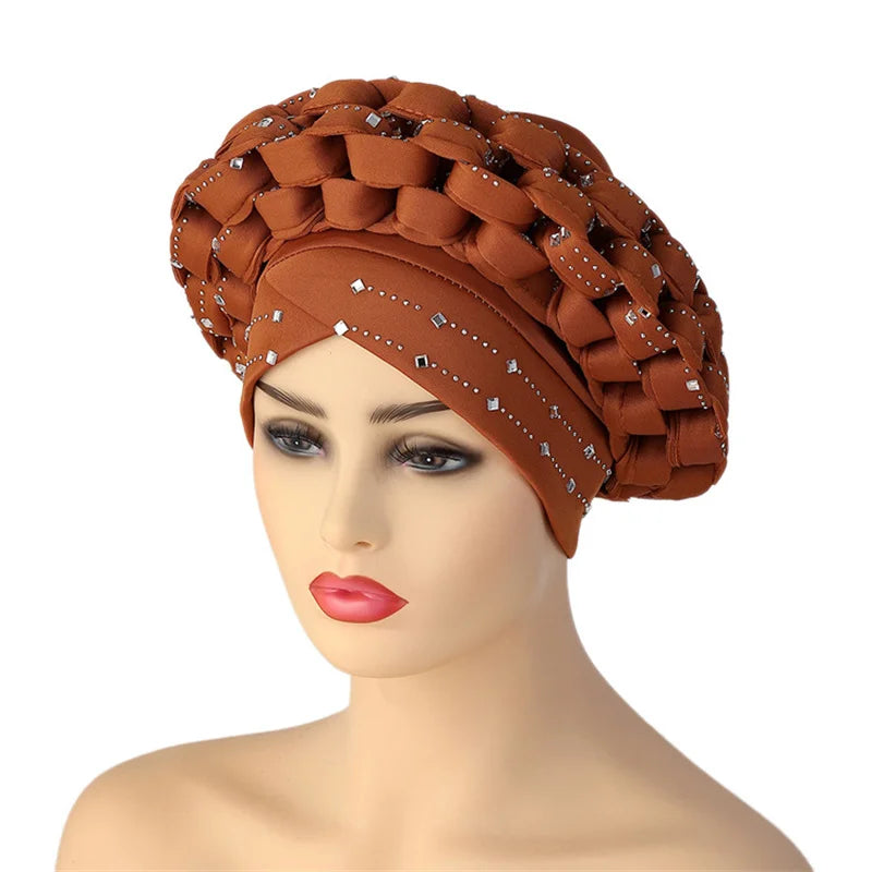 Rhinestone Auto Gele Headwrap – Sparkling African Elegance