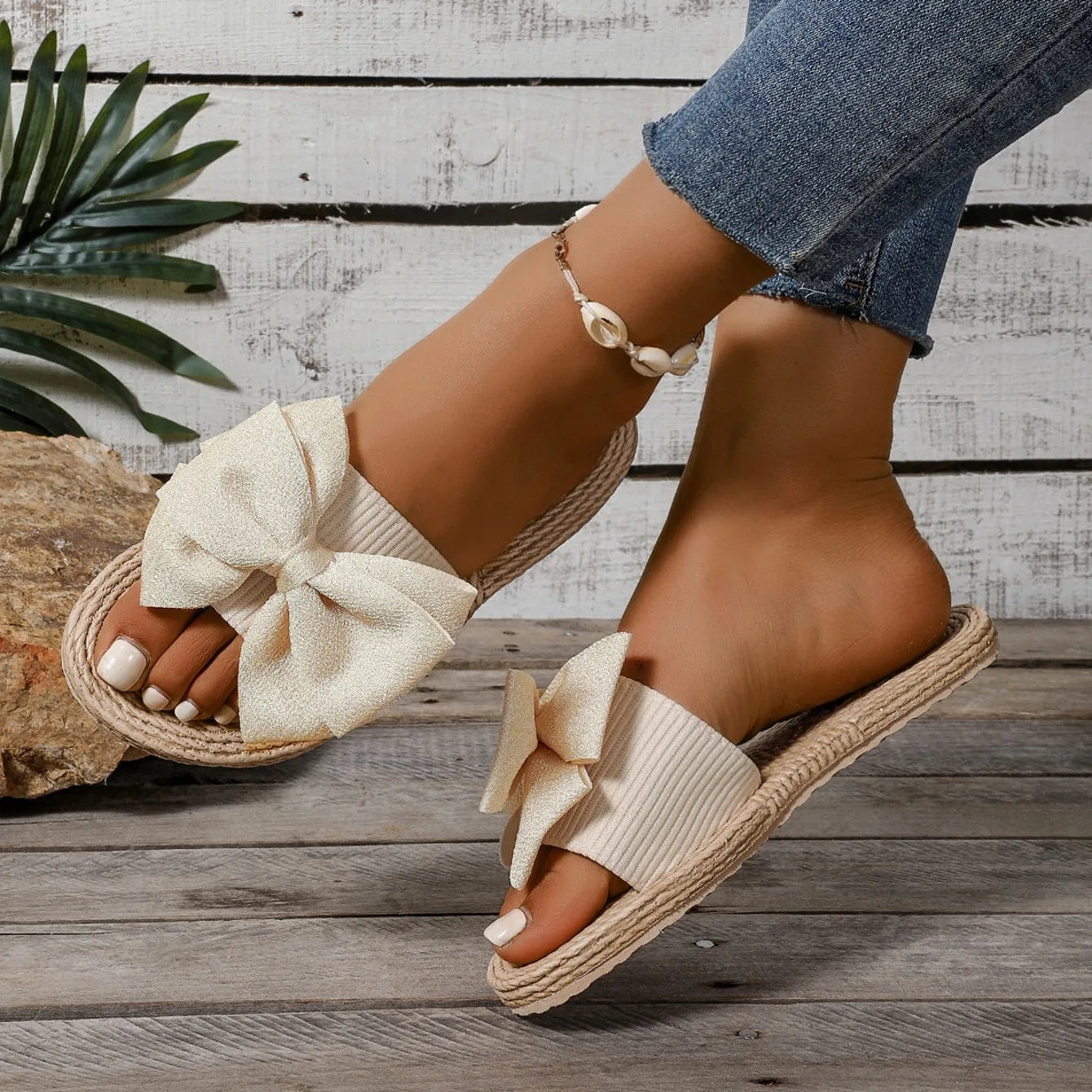 Zapatillas de mujer con lazo a la moda, sandalias antideslizantes, resistentes al desgaste, zapatos cómodos, suela blanda, tacón plano, pantuflas para mujer