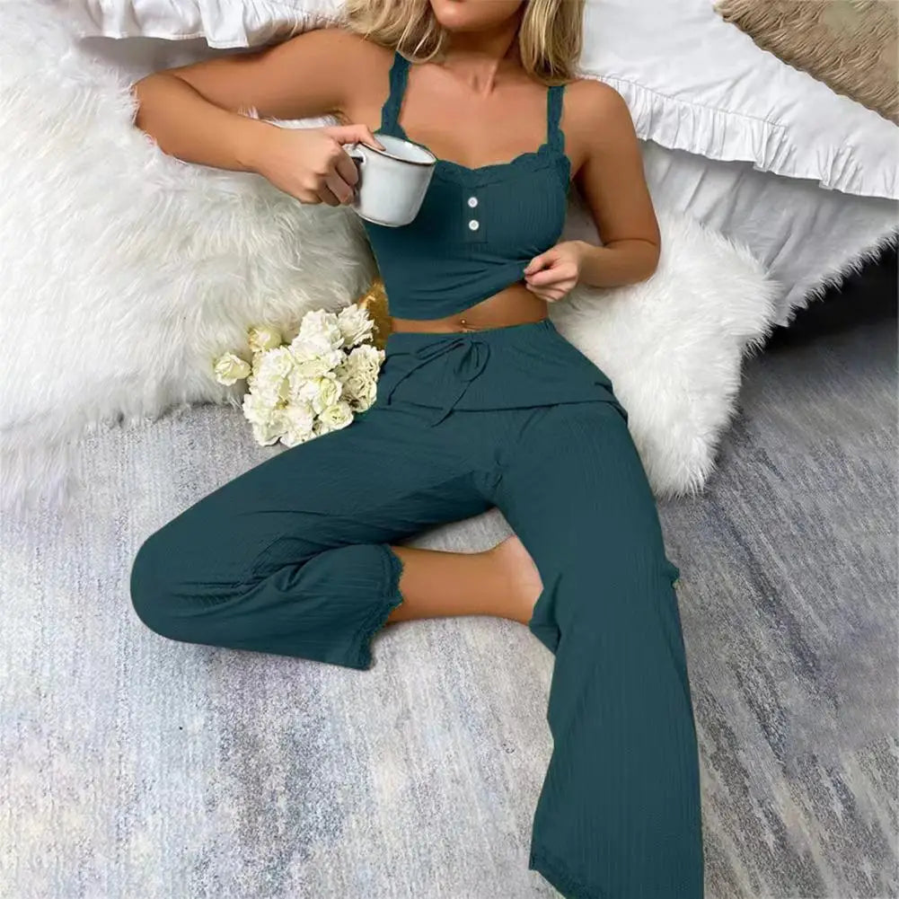Conjunto de pijama casual sexy para mujer, de verano, de encaje, pantalones largos, sexy, de dos piezas, pantalones largos, conjunto de pijama para estar en casa