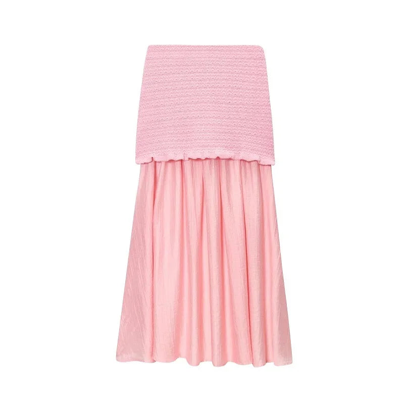 MUJER Conjunto de Falda Tejida Rosa 2 Piezas Falda Larga Plisada para Mujer Top con Volantes sin Hombros Conjunto de Faldas para Mujer Atuendo de Verano
