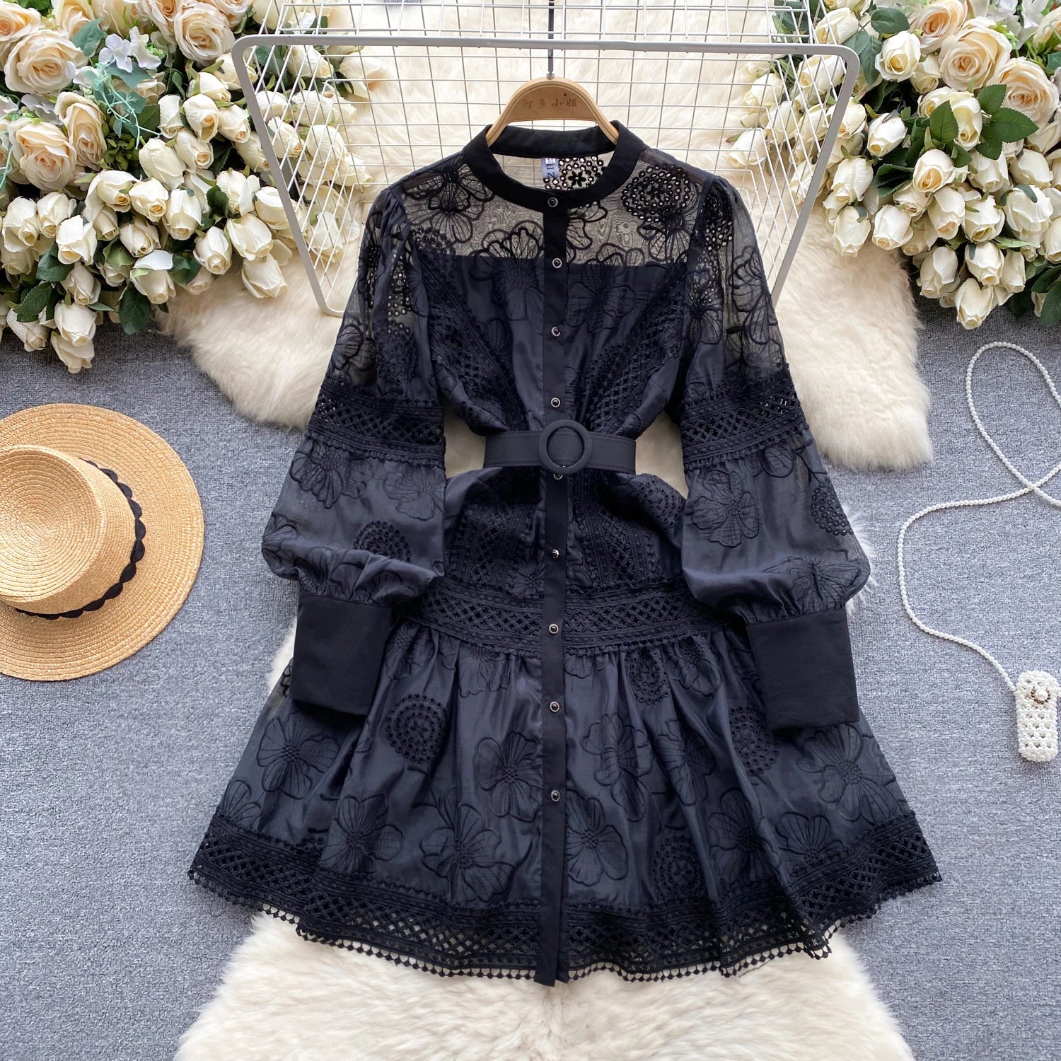 Vestido camisero de lujo para mujer de encaje blanco y negro, nuevo bordado vintage, manga farol con cinturón, ropa sexy INKEO 4D062