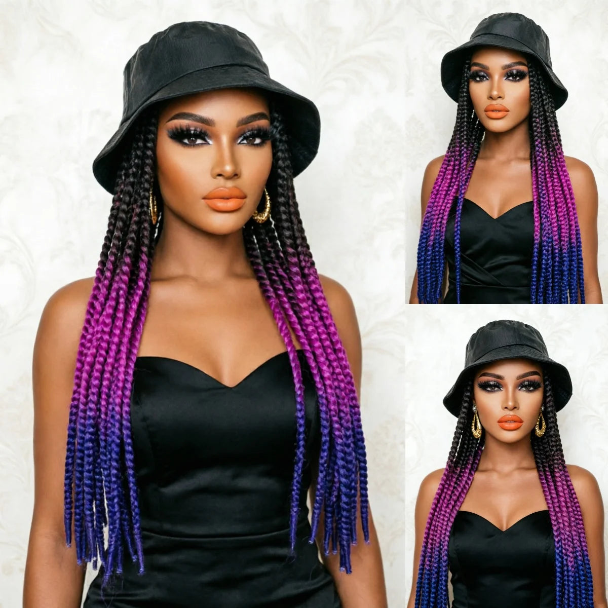 WIGERA Ombre Black Blue-purple Synthetic Havana Mambo Twist Braided Hair Extensions Cap Wig Spring Braiding With Bucket Hat