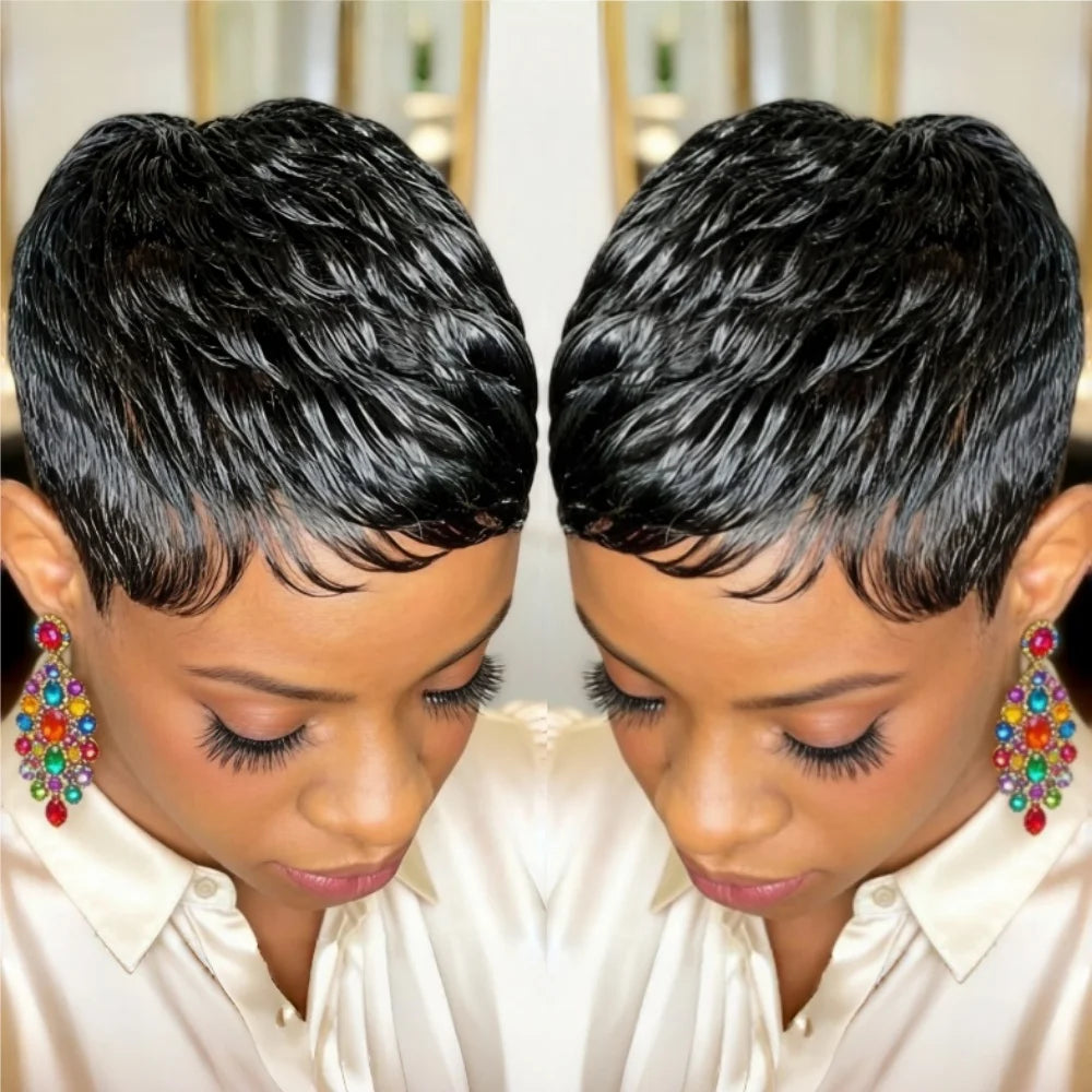 Short Pixie Cut Wigs Short Black full machine made Wig With Bangs Human Hair Pixie Wig for Women Pixie Cut Wigs Layered Hair Wig