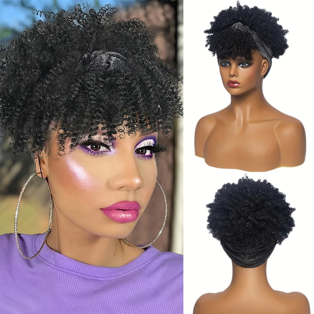 Afro Curly Headband Wigs Short Kinky Curly Wigs with Headbands Attached Scarf Wig For Women Synthetic Afro Puff Wigs with Bangs