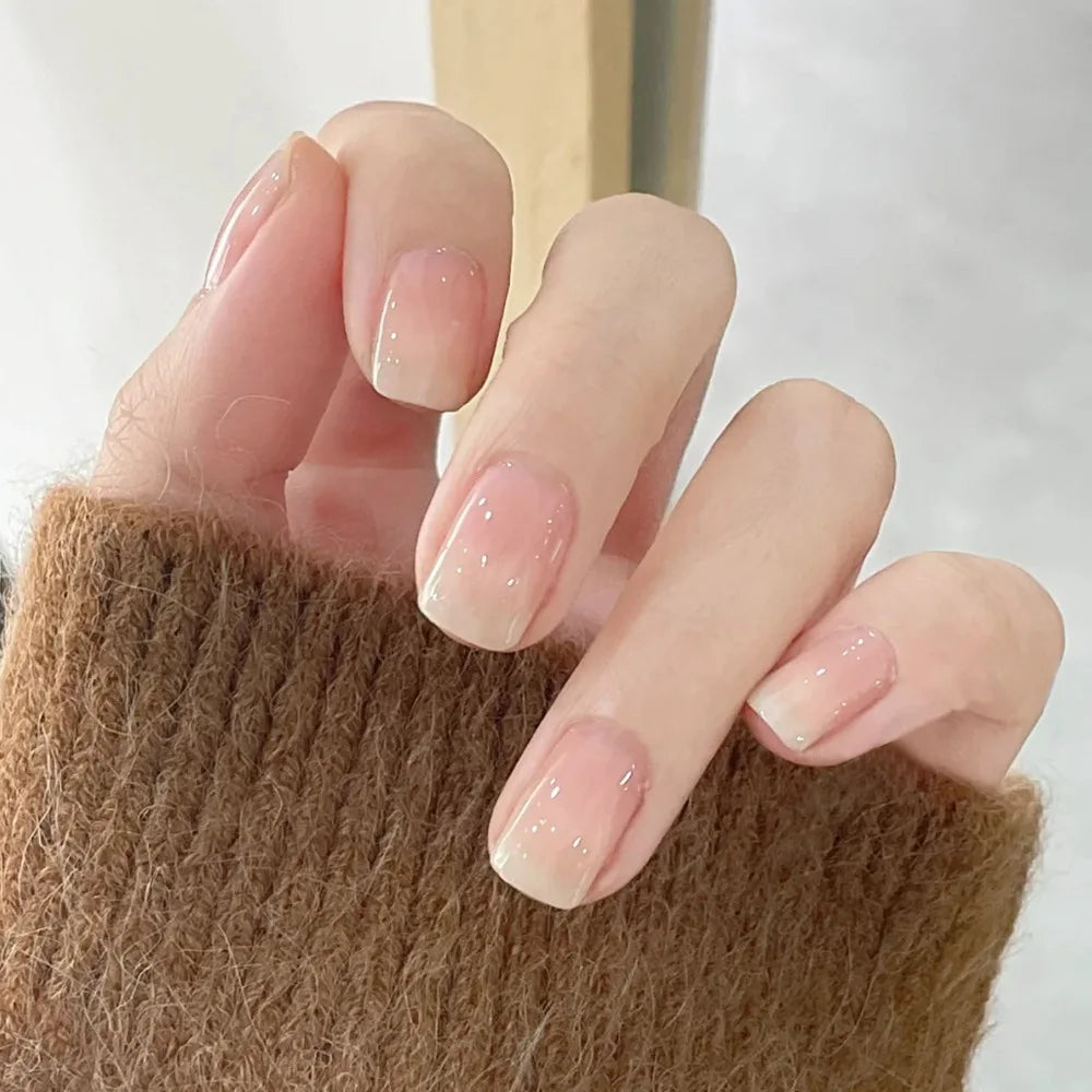 24 Uñas postizas simples con diamantes rotos, cortas, cuadradas, a presión, con diseño de ballet, cobertura completa, color blanco degradado