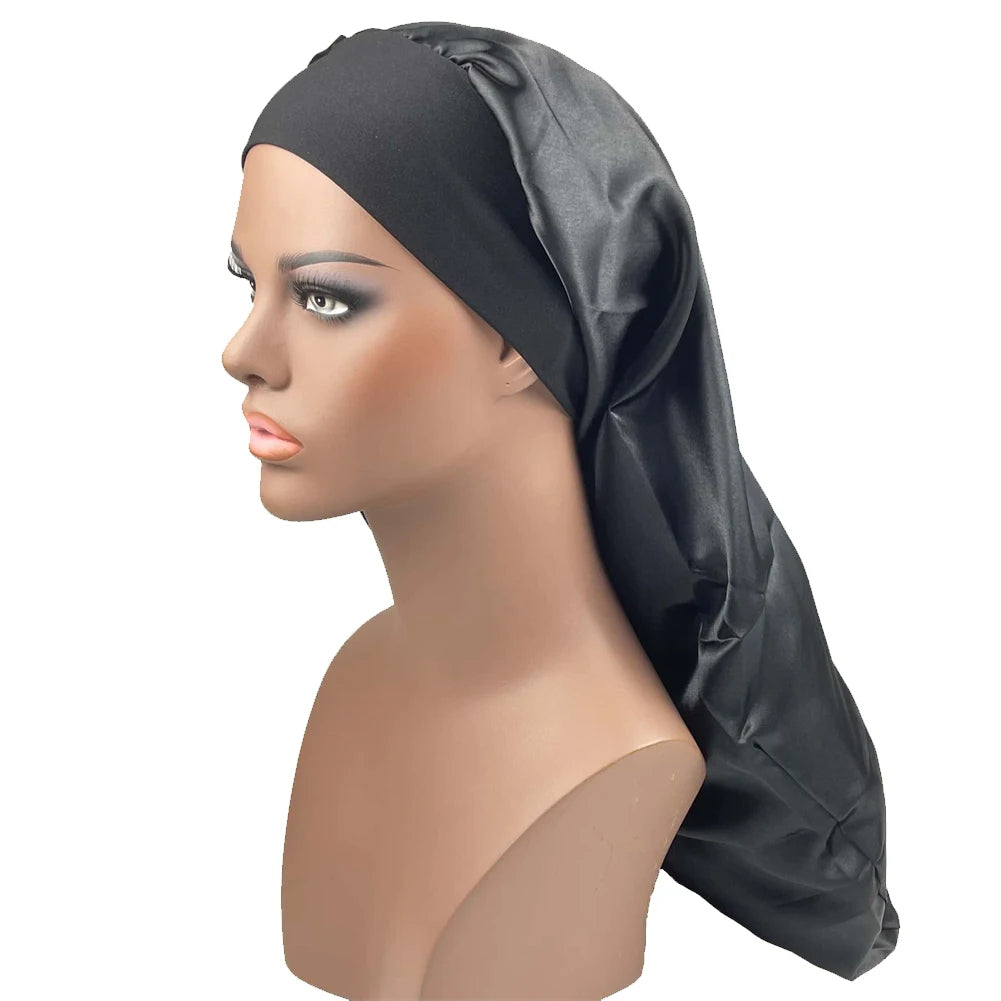 Satin Long Braid Bonnet Solid Color Sleeping Cap Bonnets for Women Wide Stretchy Band Night Cap Hats for Women