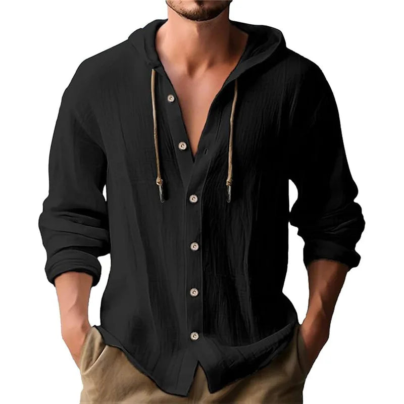 Camisas casuales de playa para hombre, de algodón y lino, con capucha, de manga larga, para hombre, holgada, de color liso, con botones, cárdigan, ropa de calle.