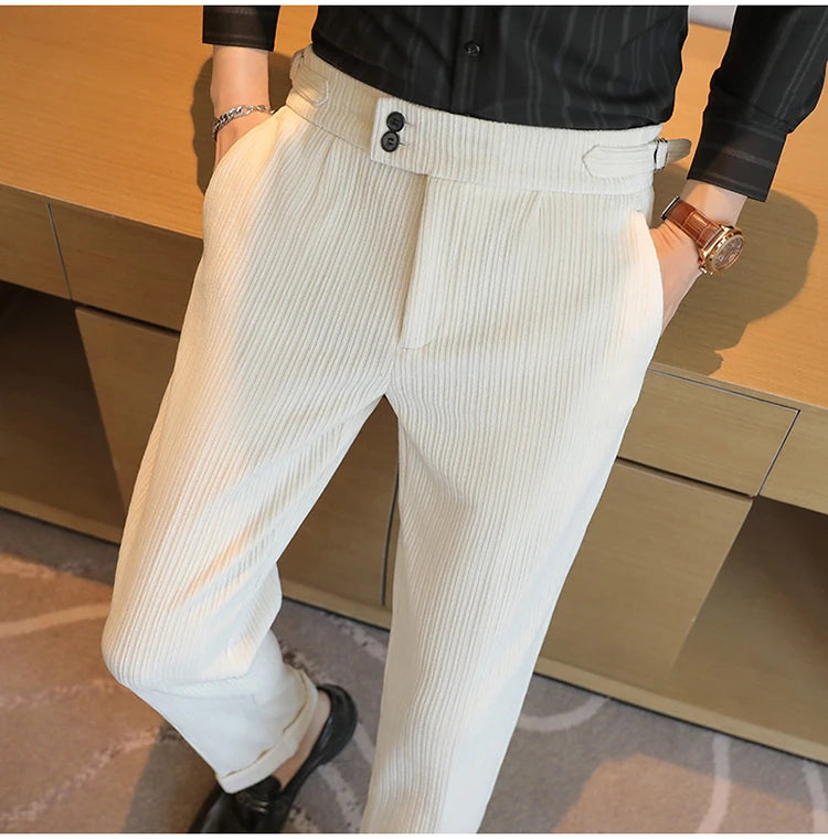 Nuevo pantalón informal de cintura alta de felpilla napolitana de lujo ligero para hombres, pantalón de vestir para hombres de ajuste delgado con sensación premium, pantalón
