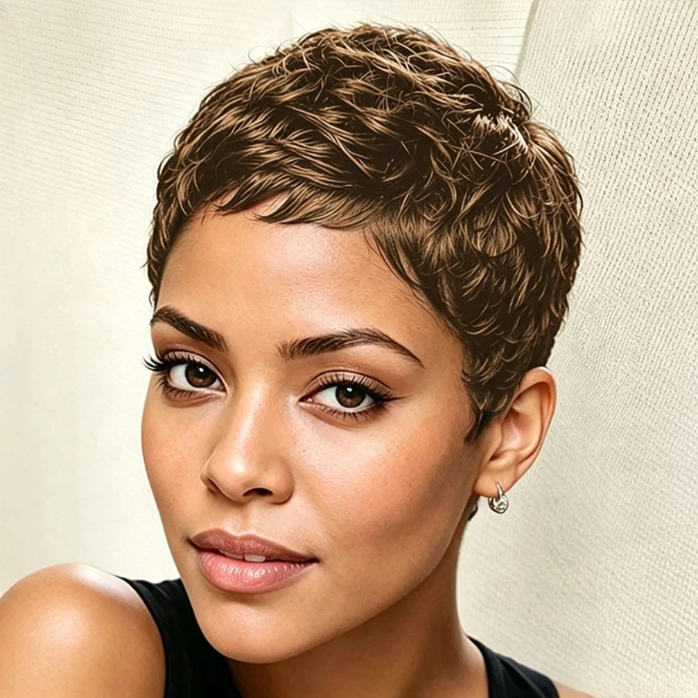 Peluca rizada ondulada 150% de densidad, corte pixie de 4 pulgadas, peluca de cabello humano rizado ondulado para mujer, peluca hecha a máquina para uso diario y fiesta