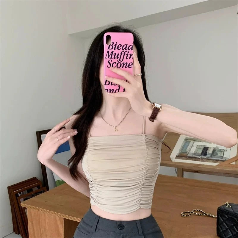 Camisetas sin mangas para mujer, tops sexys, tops de tubo para niñas con tirantes, camisola blanca para mujer, sujetadores acolchados, ropa de mujer, corsé.