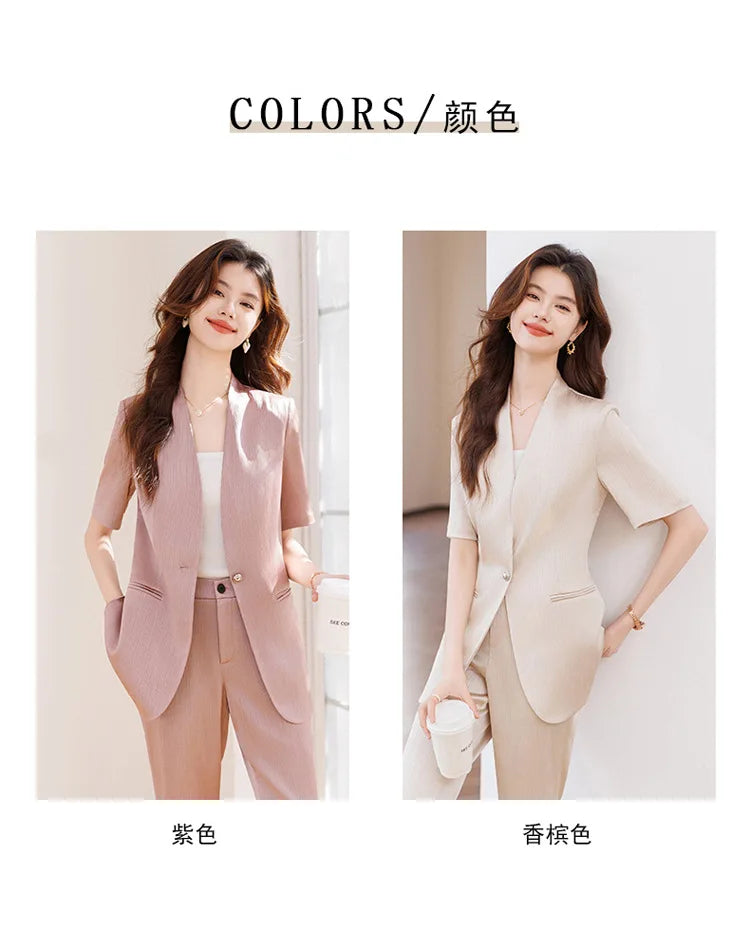 Damebuksedress med belte Sommer Kortermet V-hals Blazer og bukser Sett Elegant Kontorarbeidstøy Lilla Mote 2025