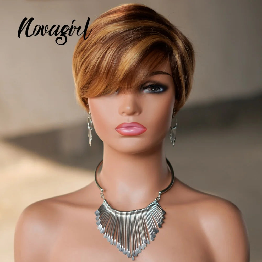 High Quality 6 Inch Pixie Wigs Color P4/27 for Women Full Machine Made Brazilian Virgin Remy Human Hair Soft Comfortable