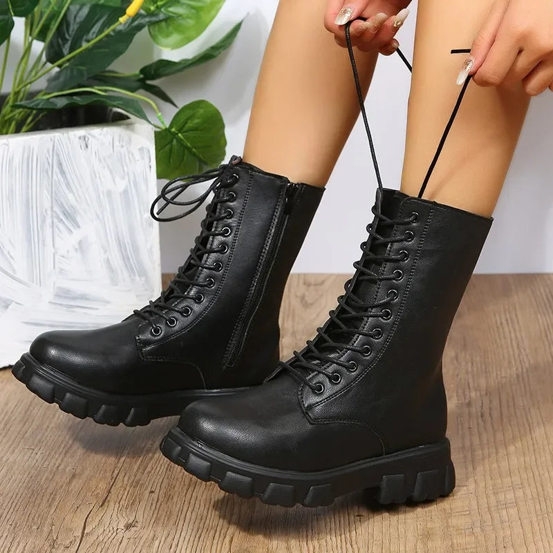Hot Sale Ladies Shoes Mid-Calf Women's Boots Plus Size Modern Boots Women Lace-up Round Toe Med Heel Side Zip Female Shoes
