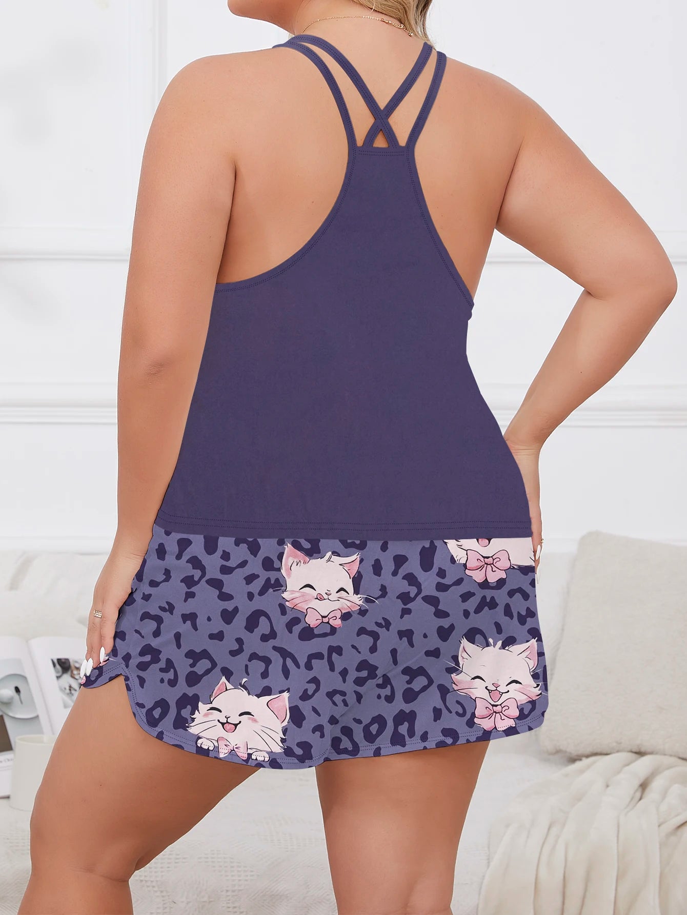 Large size women's pajamas and home clothing set refreshing and cute cat print suspender&shorts 2-piece set
