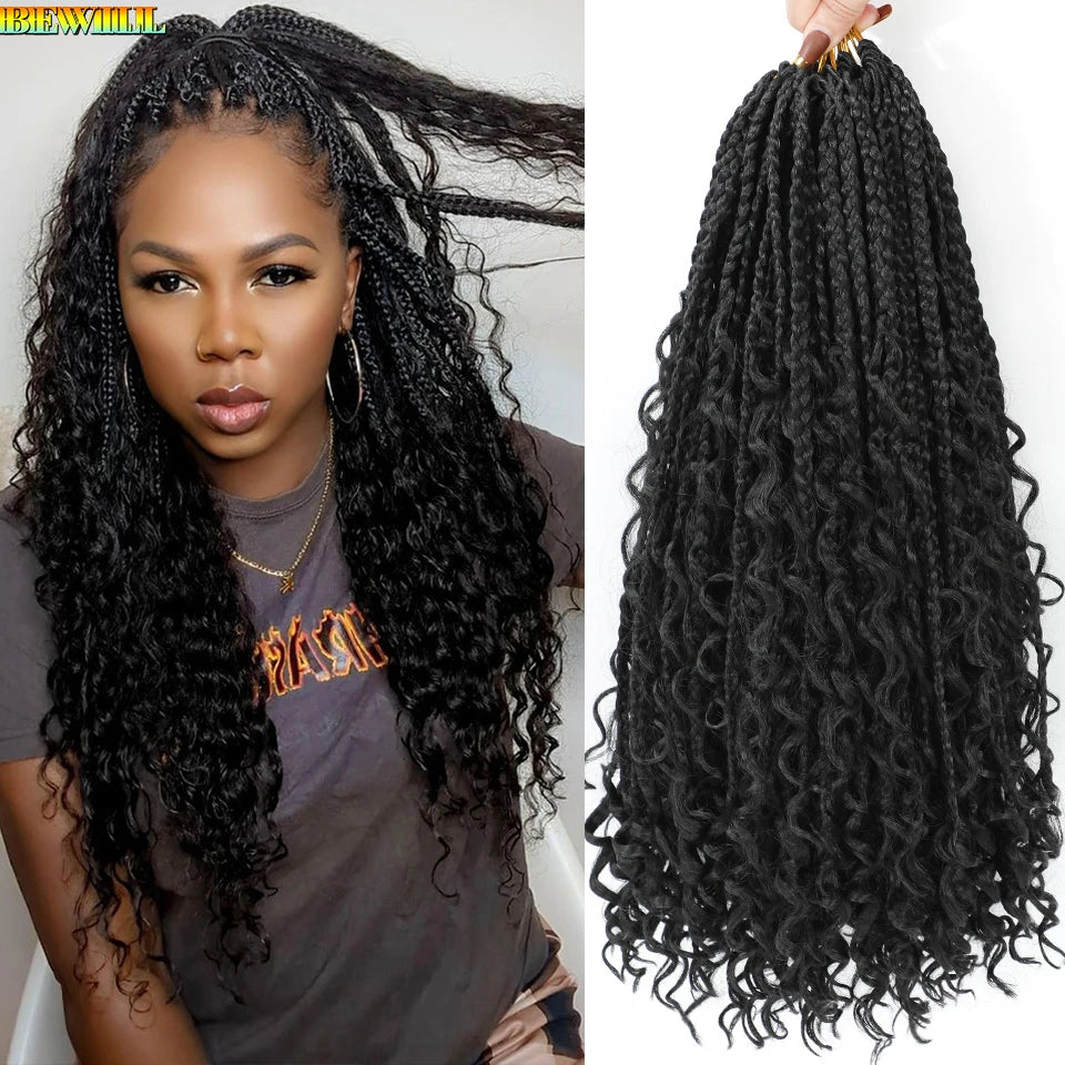 18" Long Boho Braids Extensions Goddess Box Braids Crochet Hair Black Purple Pink Synthetic Braiding Hair Bohemian Hippie Braids