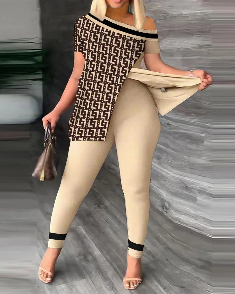 Conjuntos de dos piezas elegantes para mujer, nueva moda, estampado, top de manga con volantes, conjunto de pantalones de color sólido con cinturón, blusas, ropa femenina