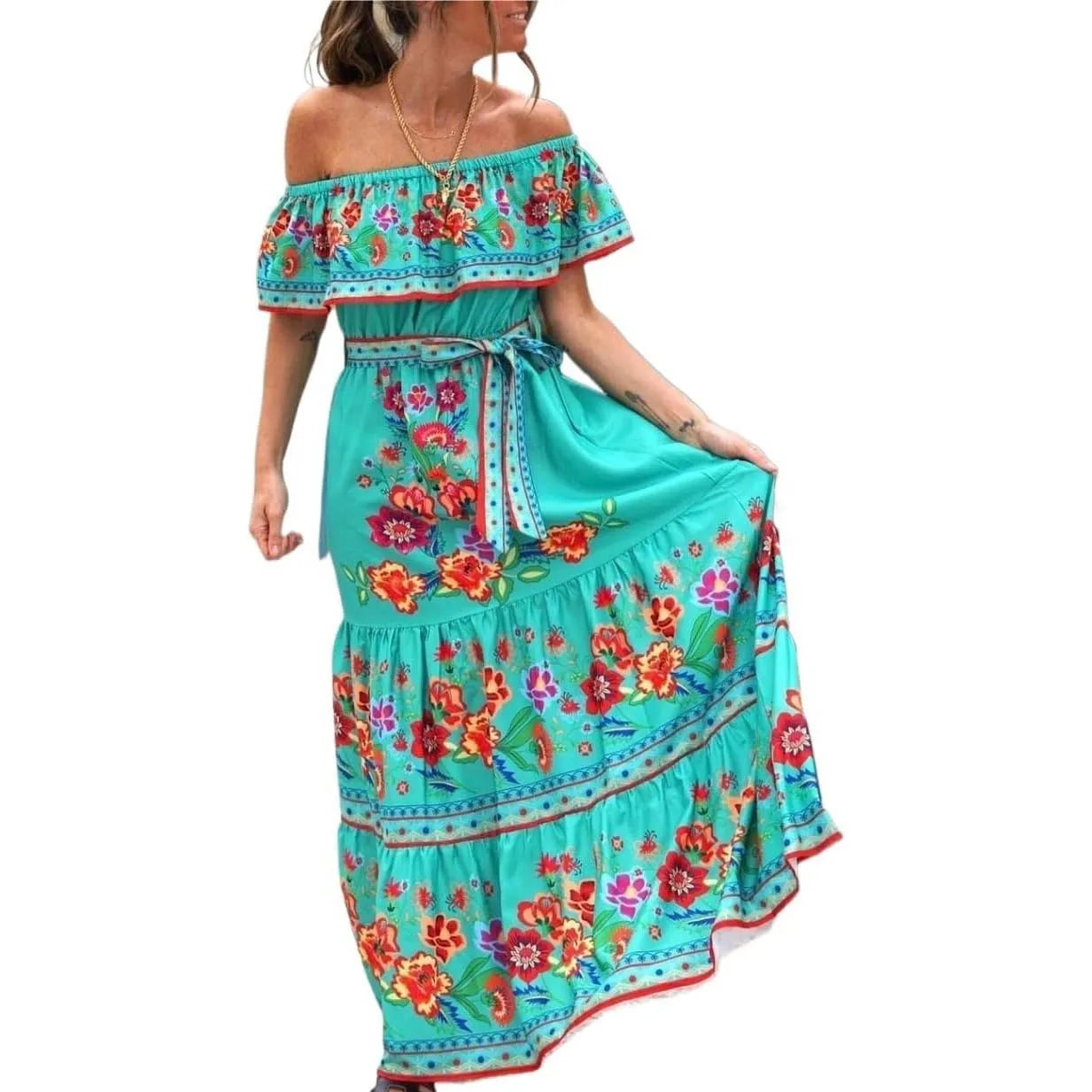 Vestido mexicano tradicional étnico mexicano del Cinco de Mayo con estampado floral de verano y hombros descubiertos para mujer