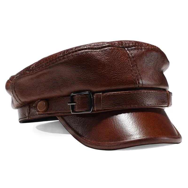 Chapeau de marque de luxe pour femmes et hommes, casquette militaire noire en cuir véritable, casquette d'étudiant plate et réglable, casquette de capitaine pour l'automne et l'hiver